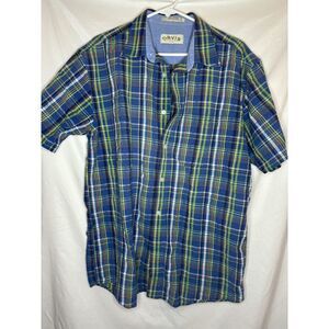 Orvis Mens Cotton Blue Green Plaid Short Sleeve Collared Button Down Shirt Large